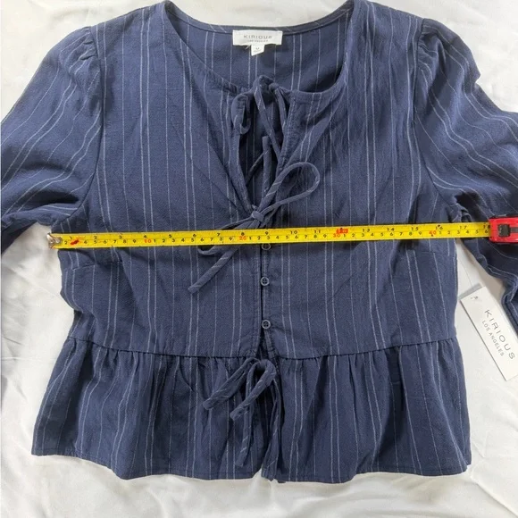 KIRIOUS LA Navy Pinstripe Tie Front Peplum Blouse Boho Cottagecore Top M NWT - Picture 6 of 11